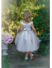 Cap Sleeves Oyster Satin Tulle Sweet Flower Girl Dress With 3D Flowers